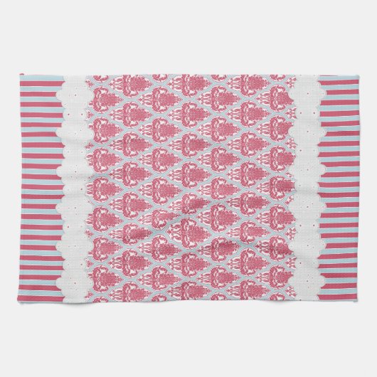 ぼろぼろの上品のばら色及び青のダマスク織は及び縞で飾ります キッチンタオル (横)