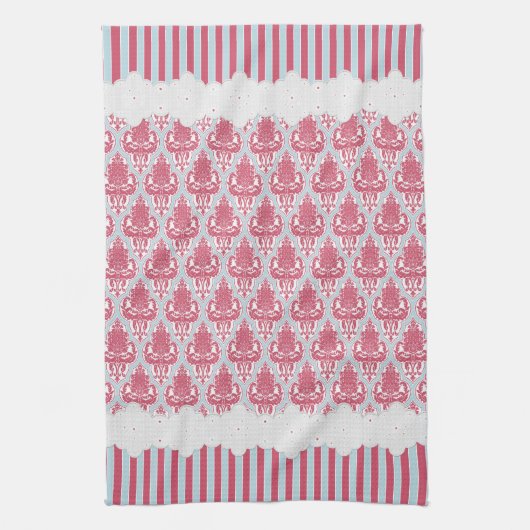 ぼろぼろの上品のばら色及び青のダマスク織は及び縞で飾ります キッチンタオル (縦)