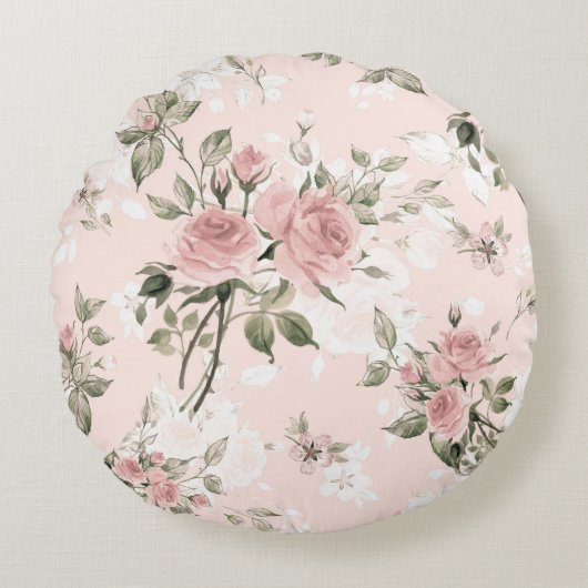 ぼろぼろの上品、フランスのな上品、ヴィンテージ、素朴な花柄pa ラウンドクッション (正面)