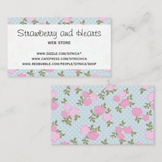 ぼろぼろの上品、水玉模様、バラ-青いピンクの緑 名刺 (正面/裏面)