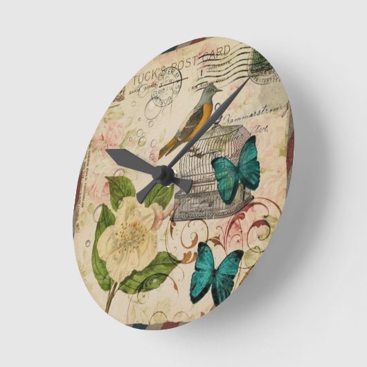 ぼろぼろの優雅の植物の花の鳥のフランス語 ラウンド壁時計 (傾斜)