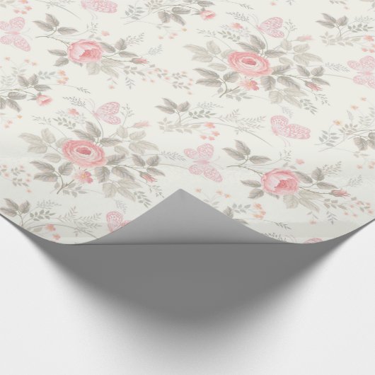 ぼろぼろの旧式なピンクのバラのアイボリーの暗灰色 ラッピングペーパー (角)