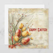 ぼろぼろの洒落た水彩画のイースターエッグと黄色のチューリップ シーズンカード (正面/裏面)