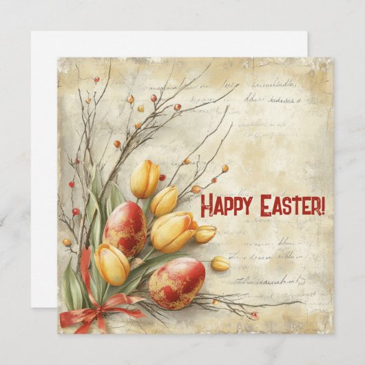 ぼろぼろの洒落た水彩画のイースターエッグと黄色のチューリップ シーズンカード (正面/裏面)