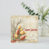 ぼろぼろの洒落た水彩画のイースターエッグと黄色のチューリップ シーズンカード (スタンド正面)
