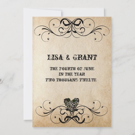 ぼろぼろの素朴で黒いハートの結婚式招待状 招待状 (裏面)