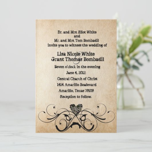 ぼろぼろの素朴で黒いハートの結婚式招待状 招待状 (スタンド正面)