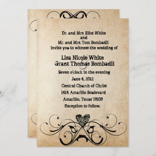 ぼろぼろの素朴で黒いハートの結婚式招待状 招待状 (正面/裏面)