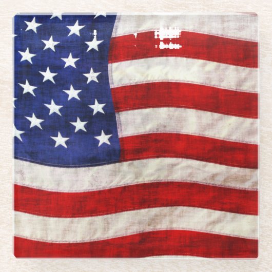 ぼろぼろグランジの愛国米国国旗 ガラスコースター (正面)