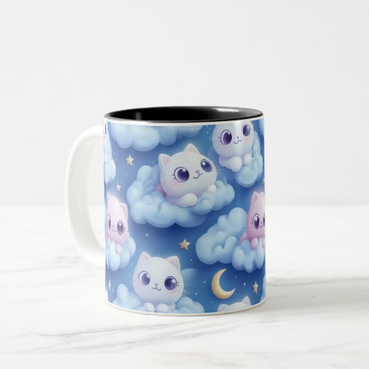 「ぽっちゃりかわいい猫と雲3Dシームレスパターン ツートーンマグカップ (正面左)