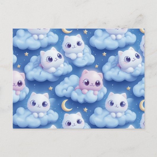 「ぽっちゃりかわいい猫と雲3Dシームレスパターン ポストカード (正面)