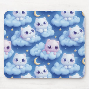 「ぽっちゃりかわいい猫と雲3Dシームレスパターン マウスパッド
