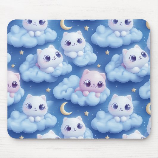 「ぽっちゃりかわいい猫と雲3Dシームレスパターン マウスパッド (正面)