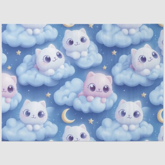 「ぽっちゃりかわいい猫と雲3Dシームレスパターン 薄葉紙 (正面)