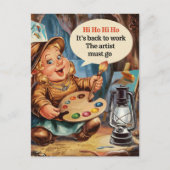 ぽっちゃりしたアーティスト・ドワーフが仕事に戻る ポストカード (正面)