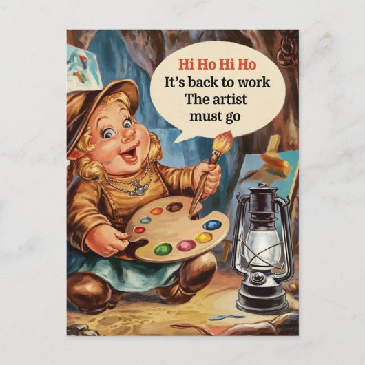 ぽっちゃりしたアーティスト・ドワーフが仕事に戻る ポストカード (正面)