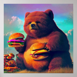 ぽっちゃりしたベア食べ物ーのチーズバーガー ポスター