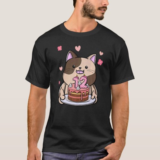 ぽっちゃりした猫がお誕生日ケーキ12周年を迎える Tシャツ (正面)