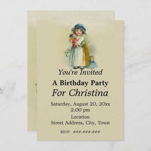ぽっちゃりした頬ヴィンテージ誕生日女の子人形タン 招待状 (正面/裏面)