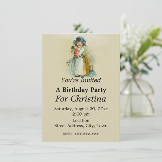 ぽっちゃりした頬ヴィンテージ誕生日女の子人形タン 招待状 (スタンド正面)