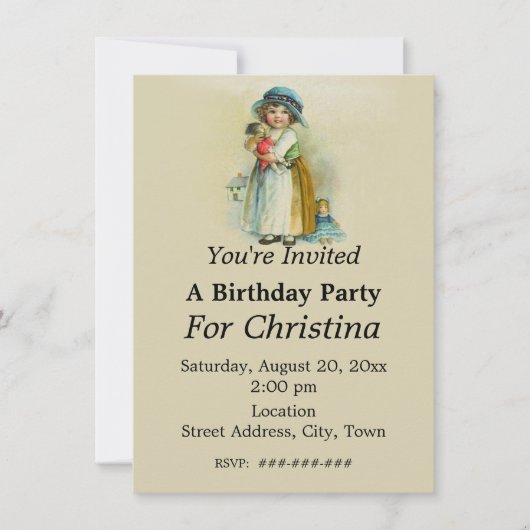 ぽっちゃりした頬ヴィンテージ誕生日女の子人形タン 招待状 (正面)