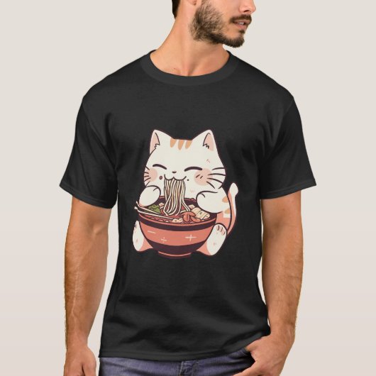 ぽっちゃり猫アニメ食べ物のラーメンかわいい Tシャツ (正面)