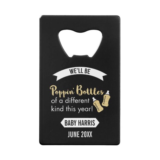 ぽんと鳴るボトルの明けましておめでとうのベビーの発表 クレジットカード栓抜き (正面)