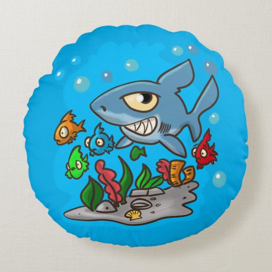 まくらのまわりの漫画のサメ ラウンドクッション (正面)