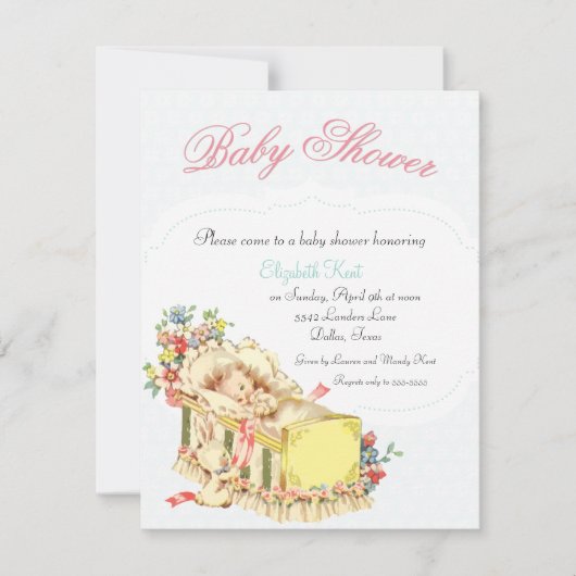 まぐさ桶および花の中のヴィンテージのベビーシャワーのベビー 招待状 (正面)