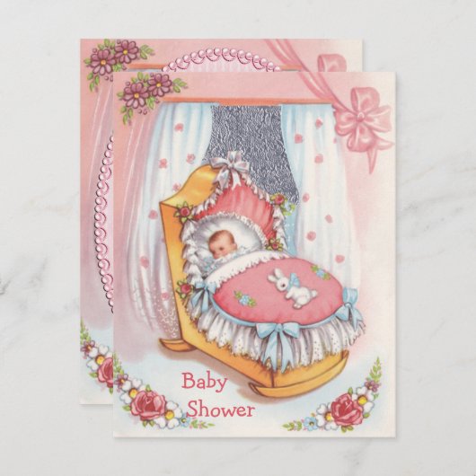 まぐさ桶のピンクのベビーシャワーのかわいいヴィンテージの女の赤ちゃん 招待状 (正面/裏面)