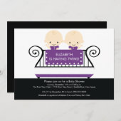 まぐさ桶のベビーシャワーの招待状の紫色のシックな双生児 招待状 (正面/裏面)