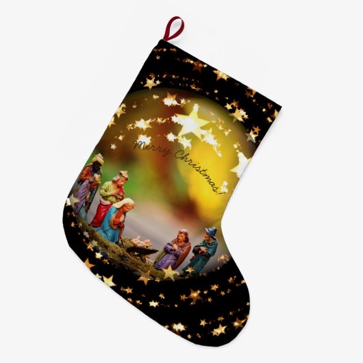 まぐさ桶の星明かりのクリスマスの出生場面イエス・キリスト ラージクリスマスストッキング (正面 (吊り時))