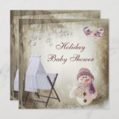 まぐさ桶及びピンクの雪だるまの休日のベビーシャワー 招待状 (正面/裏面)