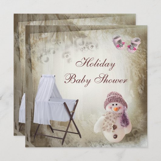まぐさ桶及びピンクの雪だるまの休日のベビーシャワー 招待状 (正面/裏面)