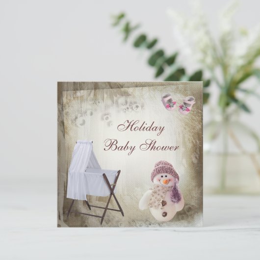 まぐさ桶及びピンクの雪だるまの休日のベビーシャワー 招待状 (スタンド正面)