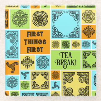 まずは茶休憩！オレンジおもしろいと緑 ガラスコースター