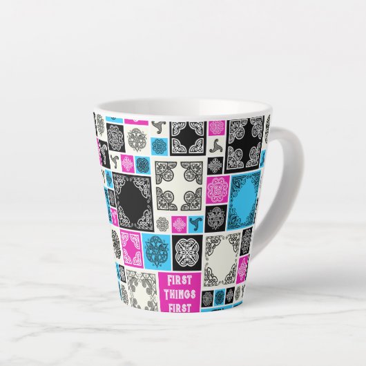 まずは茶休憩!マゼンおもしろいタ色と青 カフェラテマグ (右アングル)