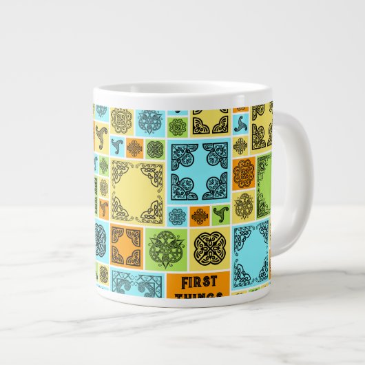 まずは茶休憩!マゼンおもしろいタ色と青 ジャンボコーヒーマグカップ (正面右)