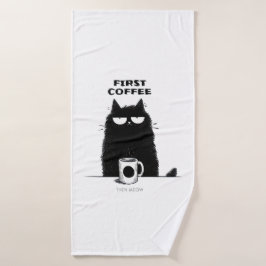 まずコーヒー、次にニャー 面白い猫とコーヒーのデザイン バスタオル