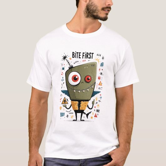まず噛みつく面白い混沌としたエイリアンシャークのギフト Tシャツ (正面)