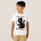 まず最初に私は喜びおもしろいの皮肉な猫の男性 Tシャツ (正面フル)