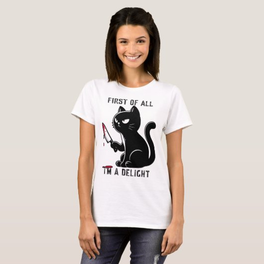 まず最初に私は喜びおもしろいの皮肉な猫の男性 Tシャツ (正面フル)