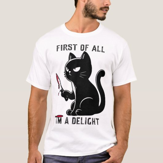 まず最初に私は喜びおもしろいの皮肉な猫の男性 Tシャツ (正面)