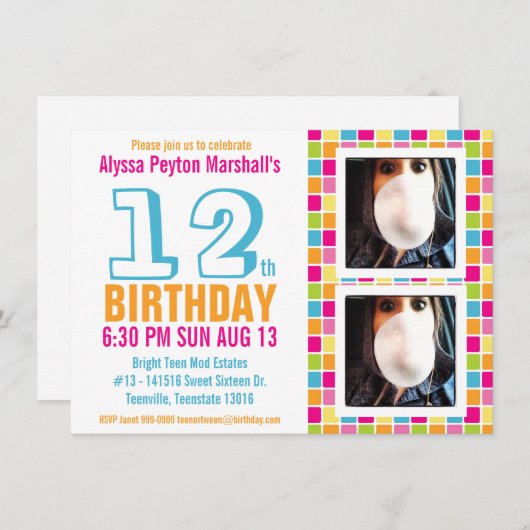 または10代のトゥイーンカラフルフォト誕生日 招待状 (正面/裏面)