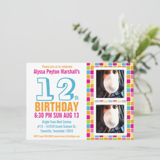 または10代のトゥイーンカラフルフォト誕生日 招待状 (スタンド正面)