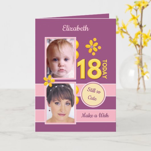 まだかわいい写真パープル18誕生日 カード (黄色い花)