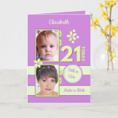 まだかわいい写真パープル21歳の誕生日 カード (黄色い花)