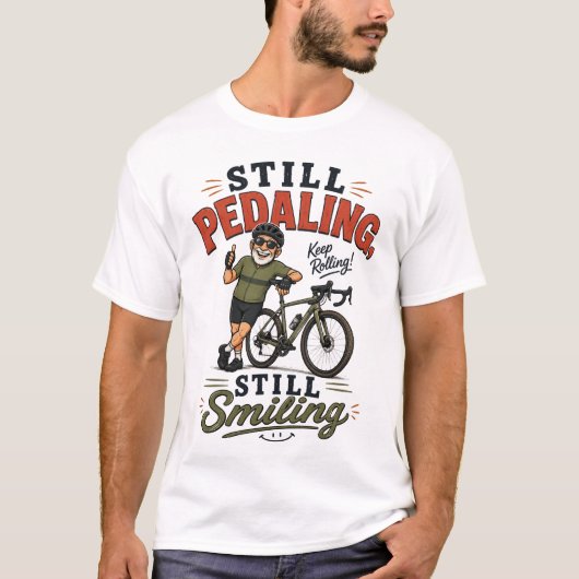 まだペダルを踏み続ける微笑みおじさん 自転車 Tシャツ (正面)