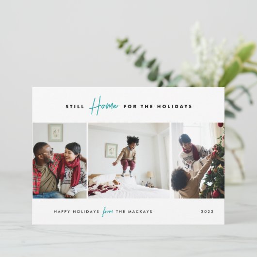 まだ家で休暇を過ごす |おもしろい 3枚の写真 シーズンカード (スタンド正面)