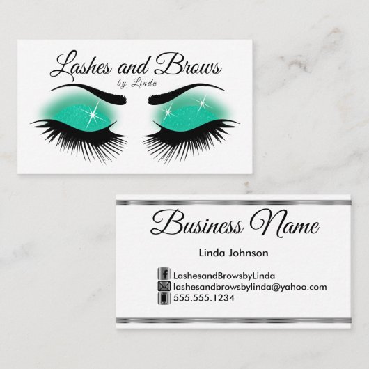 まつげおよび額-ティール(緑がかった色)のグリッター 名刺 (正面/裏面)